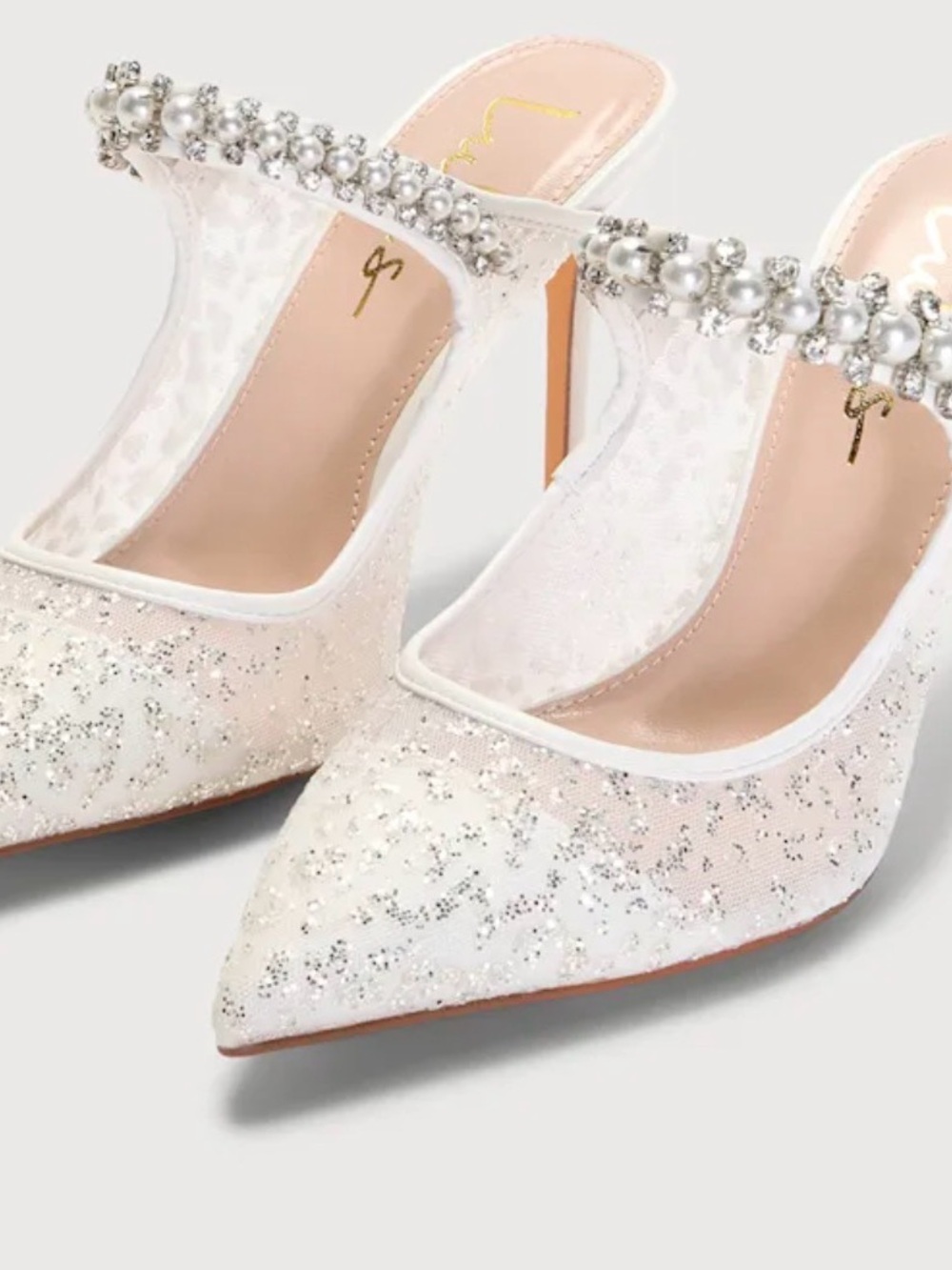 Lulus Sephoraa White Mesh Glitter Pearl Pointed-Toe Mule Pumps